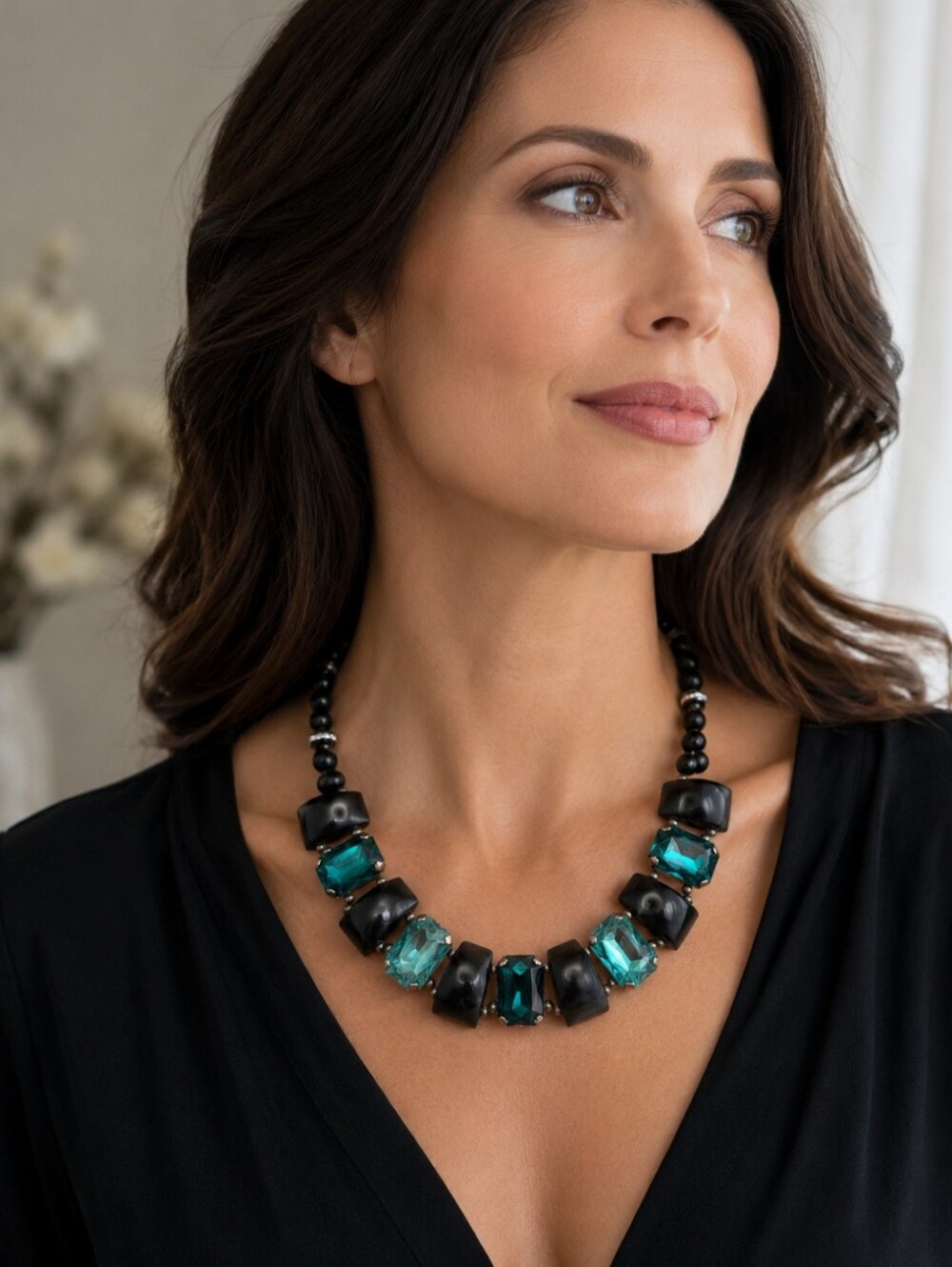 Vintage 1960s Art Deco Style Chunky Lucite Statement Necklace Aqua Blue Black